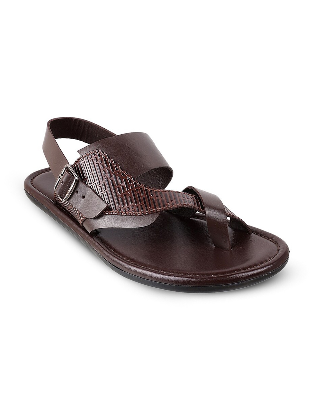 

Mochi Men Textured Leather Comfort Sandals With Buckles, Brown