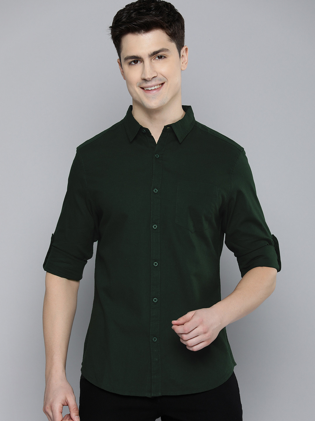 

HERE&NOW Men Slim Fit Roll-Up Sleeves Opaque Casual Shirt, Olive