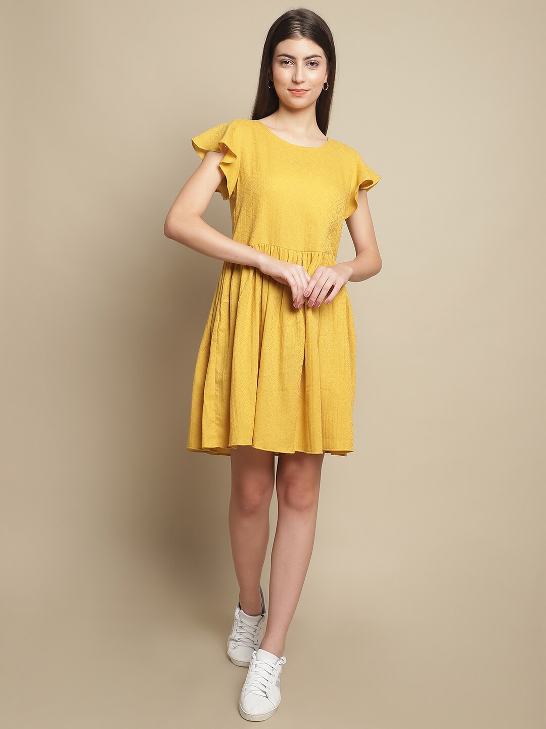 

Just Wow Mustard Yellow Flutter Sleeve Jacquard Fit & Flare Dress