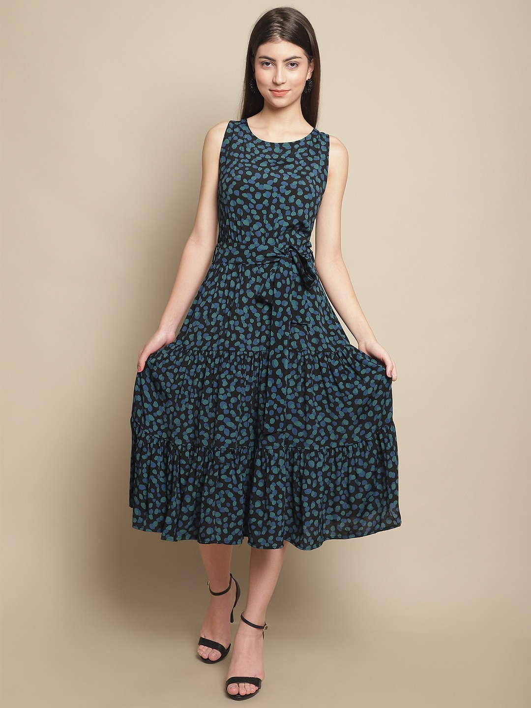 

Just Wow Abstract Printed Tiered Crepe Fit & Flare Midi Dress, Navy blue