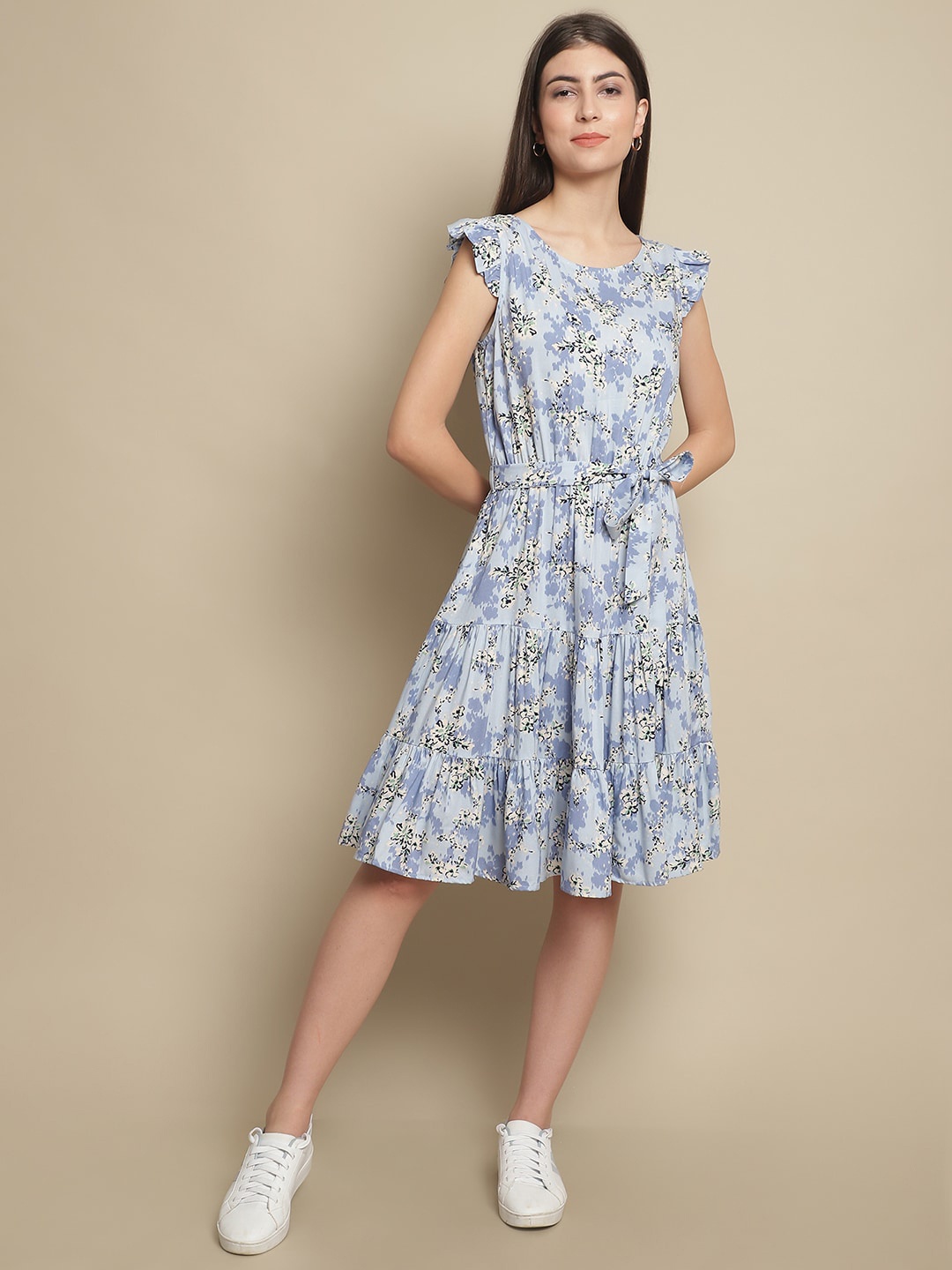 

Just Wow Floral Printed Fit & Flare Dress With Belt, Blue