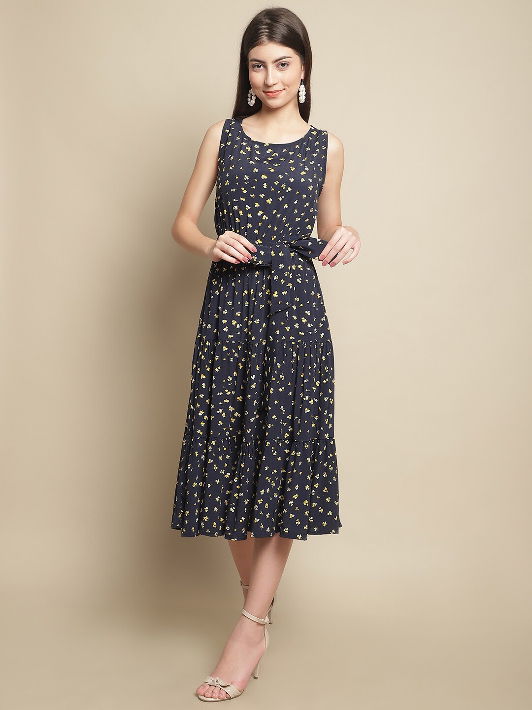 

Just Wow Floral Printed Crepe Fit & Flare Midi Dress, Navy blue