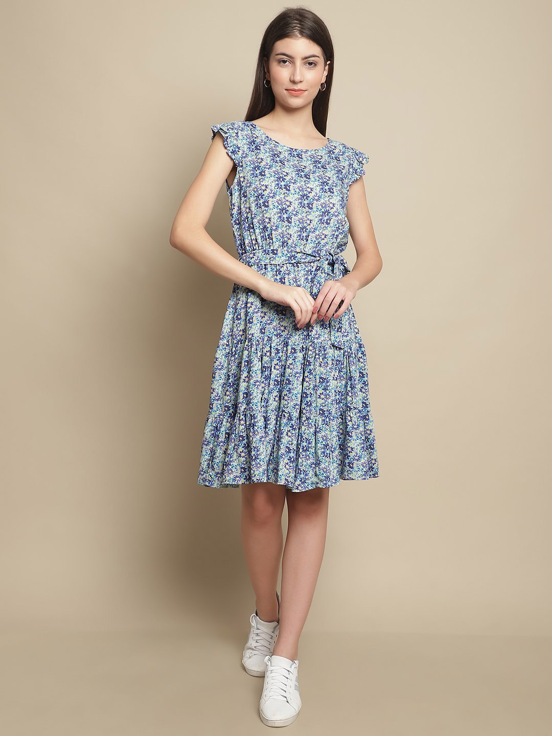 

Just Wow Floral Printed Fit & Flare Dress With Belt, Blue