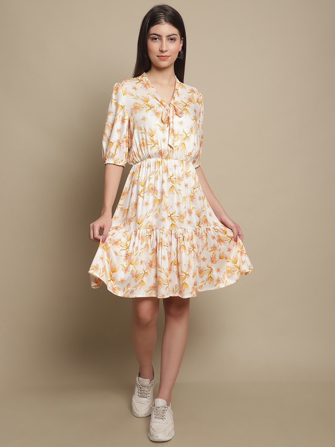 

Just Wow Floral Printed Tie Up Neck Fit & Flare Dress, Off white