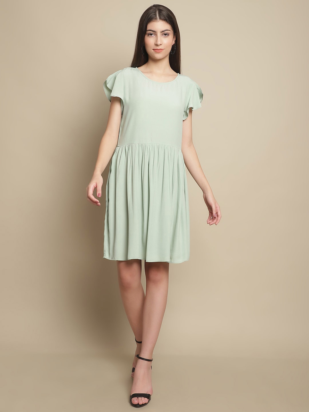 

Just Wow Green Flutter Sleeve Crepe Fit & Flare Dress