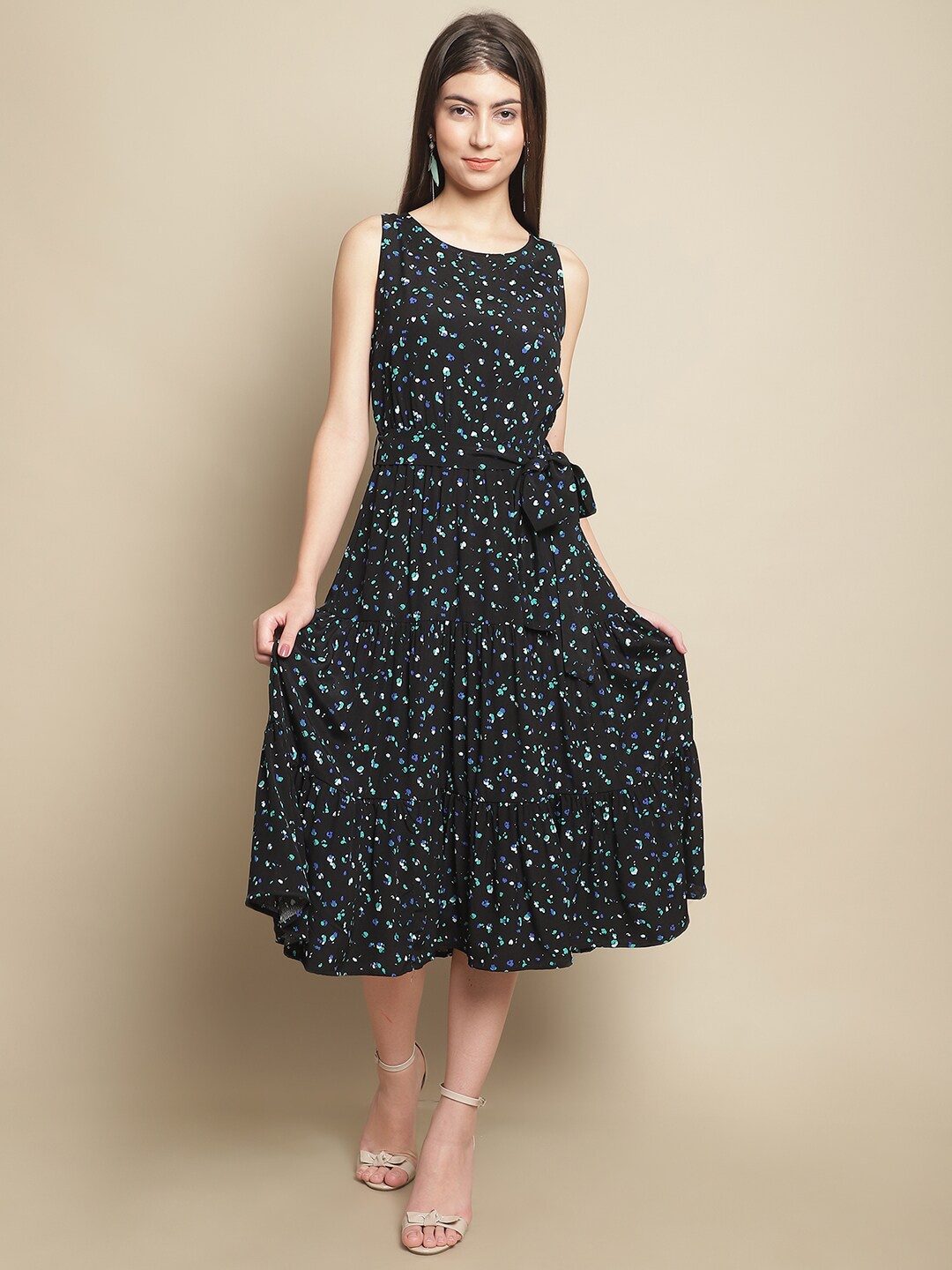 

Just Wow Floral Printed Crepe Fit & Flare Midi Dress, Black