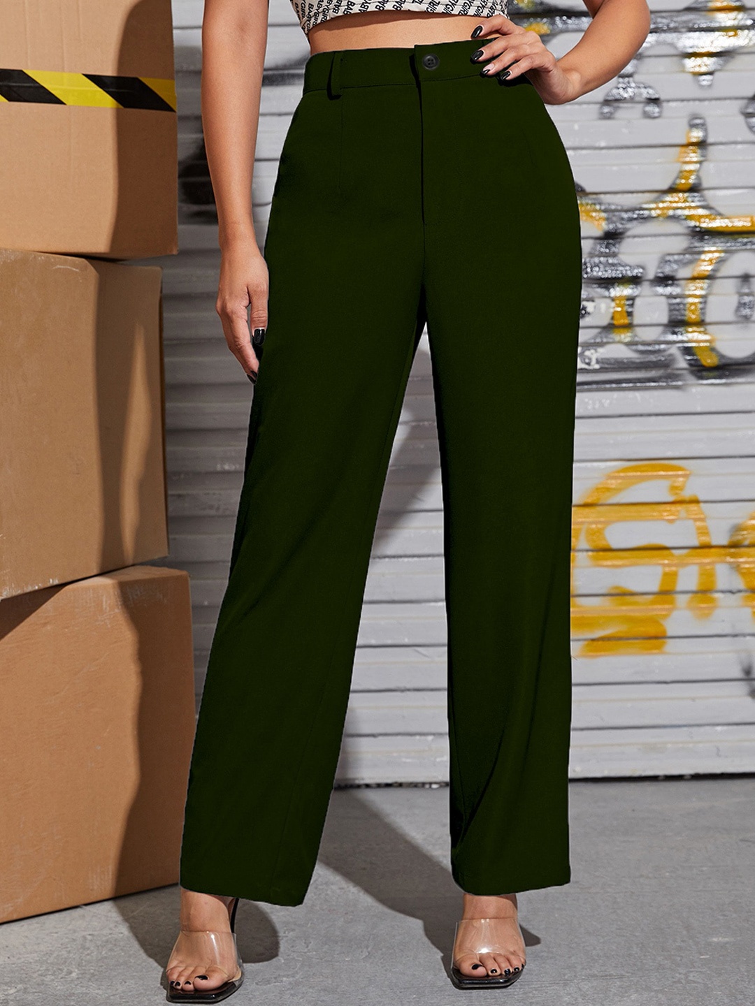LEE TEX Women Relaxed Straight Leg High-Rise Plain Parallel Trousers, Green