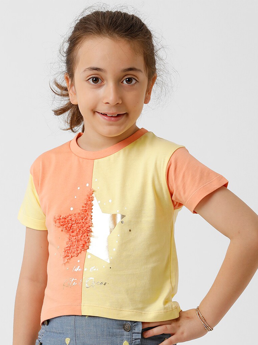 KATE & OSCAR Girls Colourblocked Pure Cotton T-shirt, Peach