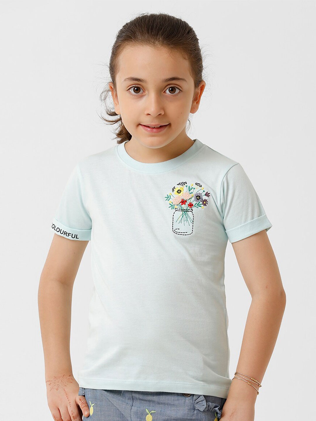 

KATE & OSCAR Girls Embroidered Floral Printed Pure Cotton T-shirt, Blue