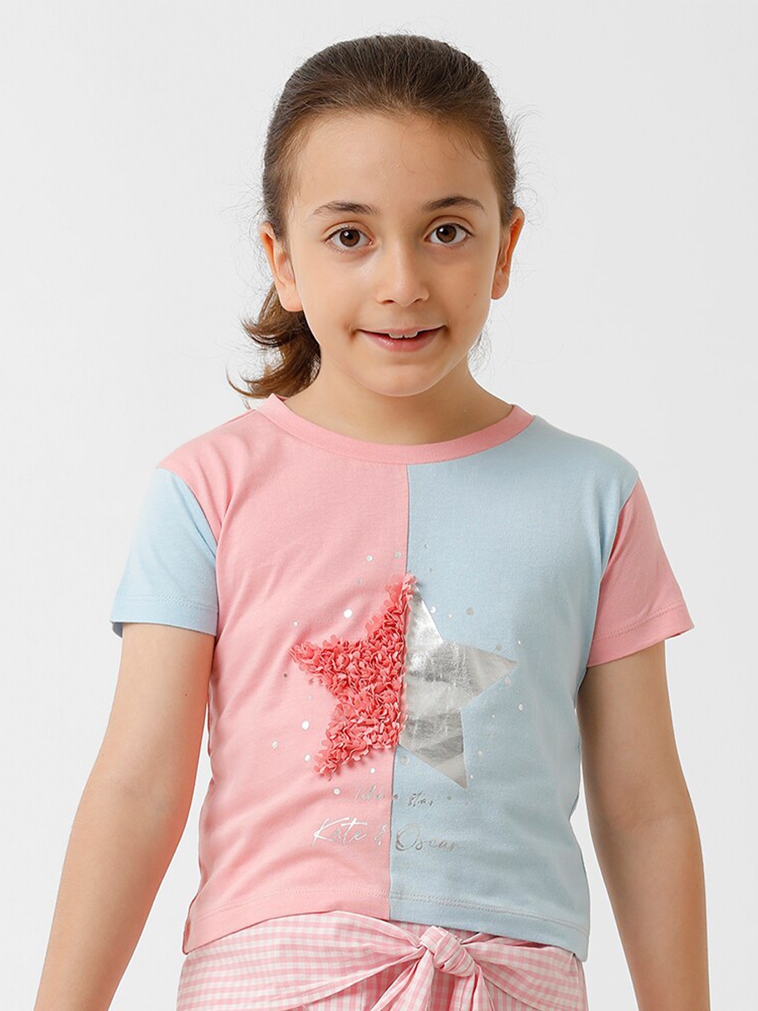 KATE & OSCAR Girls Colourblocked Pure Cotton T-shirt, Pink