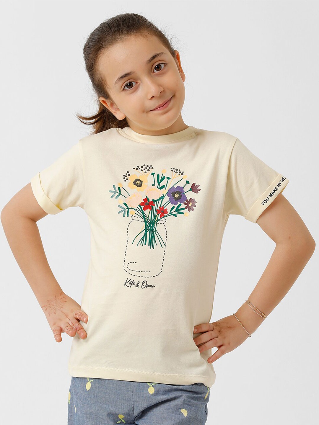 

KATE & OSCAR Girls Floral Printed Pure Cotton T-shirt, Yellow