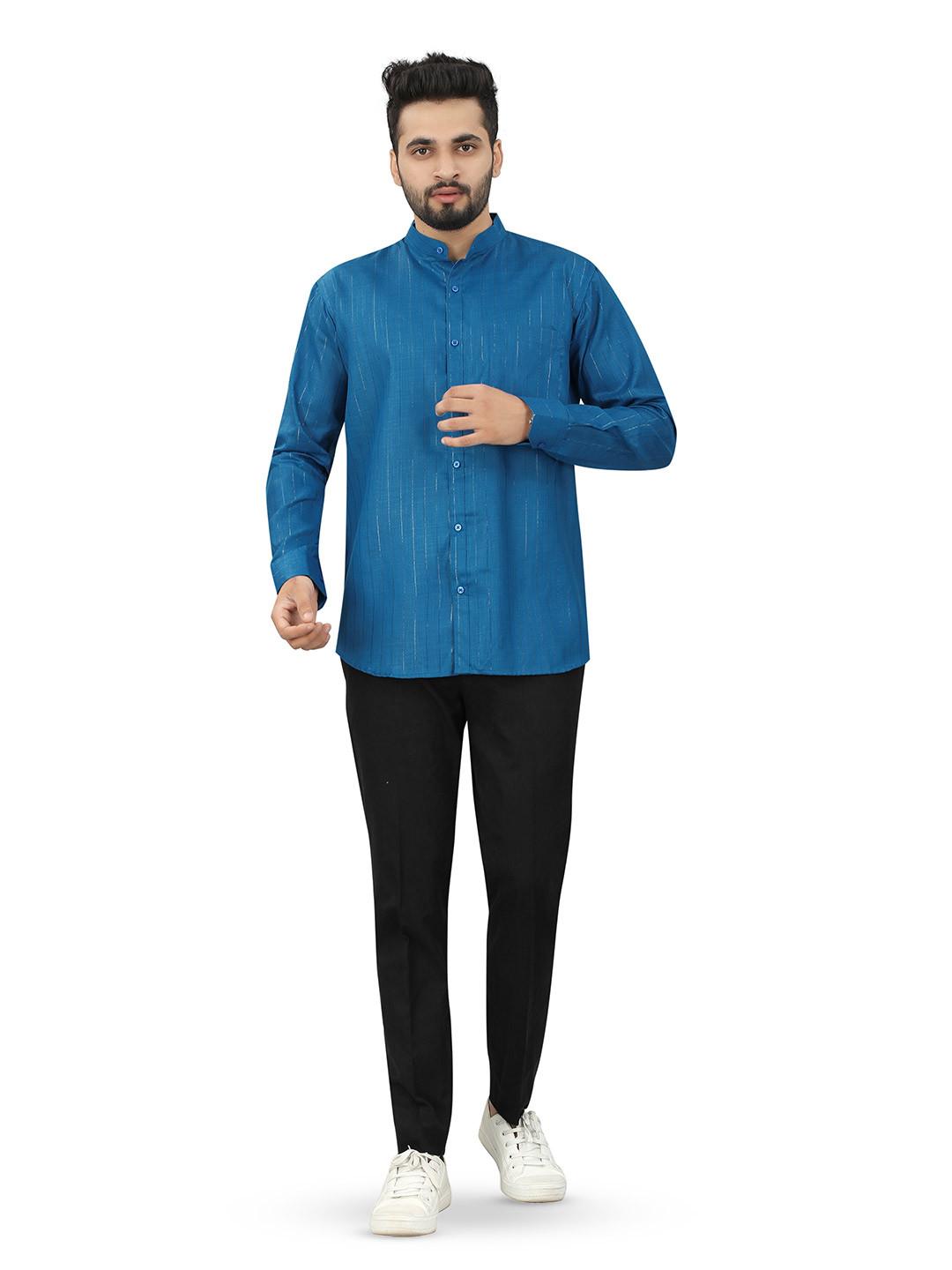 

N N ENTERPRISE India Slim Fit Vertical Striped Mandarin Collar Casual Shirt, Blue