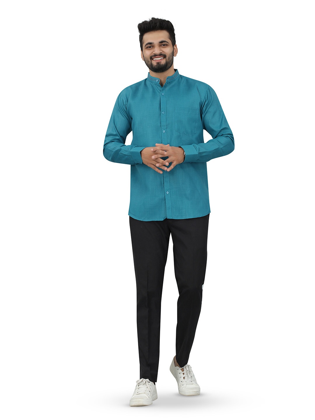 

N N ENTERPRISE India Slim Fit Mandarin Collar Casual Shirt, Turquoise blue