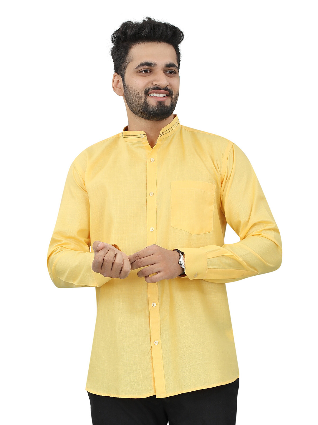 

N N ENTERPRISE Slim Fit Mandarin Collar Casual Shirt, Yellow