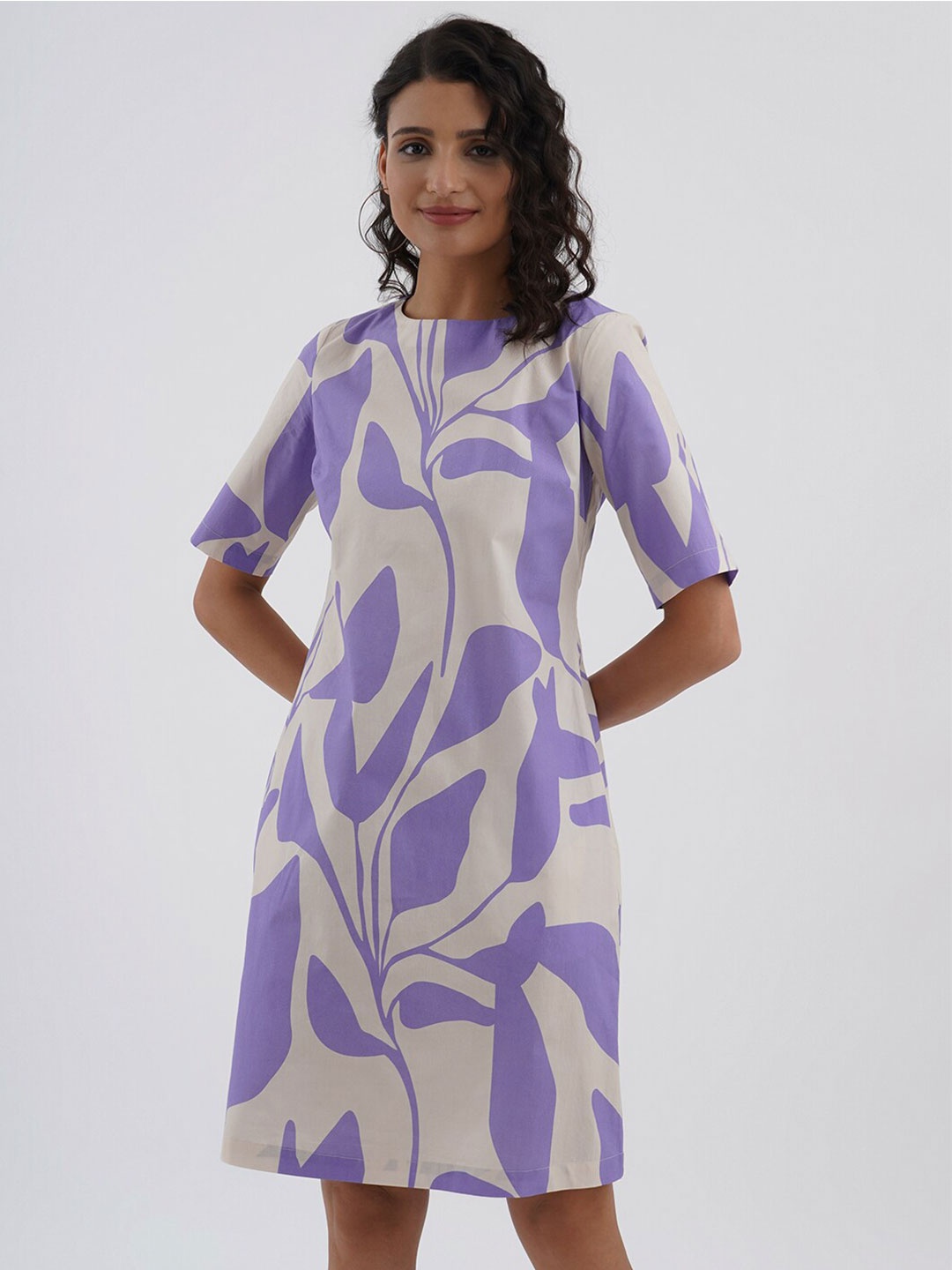 

Pink Fort Abstract Printed Cotton A-Line Dress, Off white