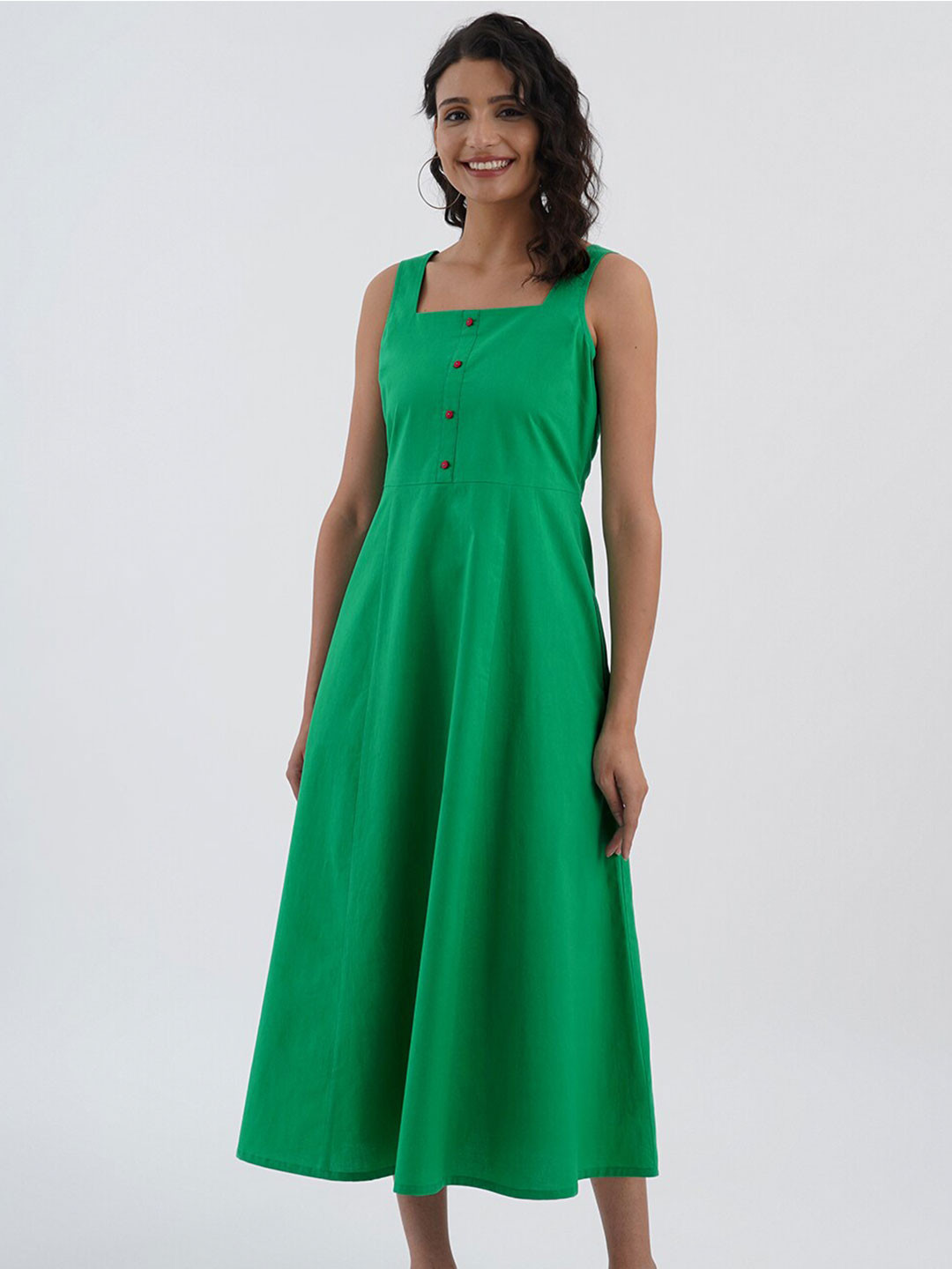 

Pink Fort Square Neck Cotton A-Line Midi Dress, Green