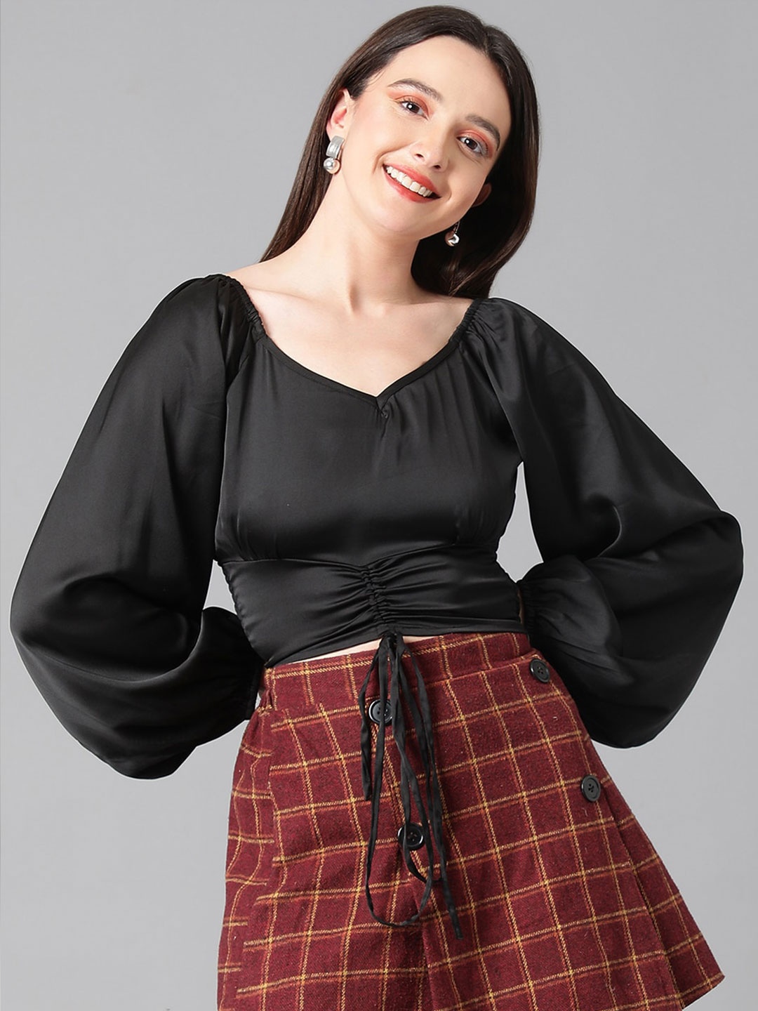 

Kotty V-Neck Flared Sleeve Satin Top, Black