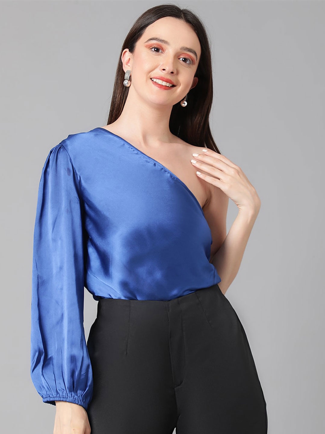 

Kotty One Shoulder Puff Sleeve Satin Top, Blue
