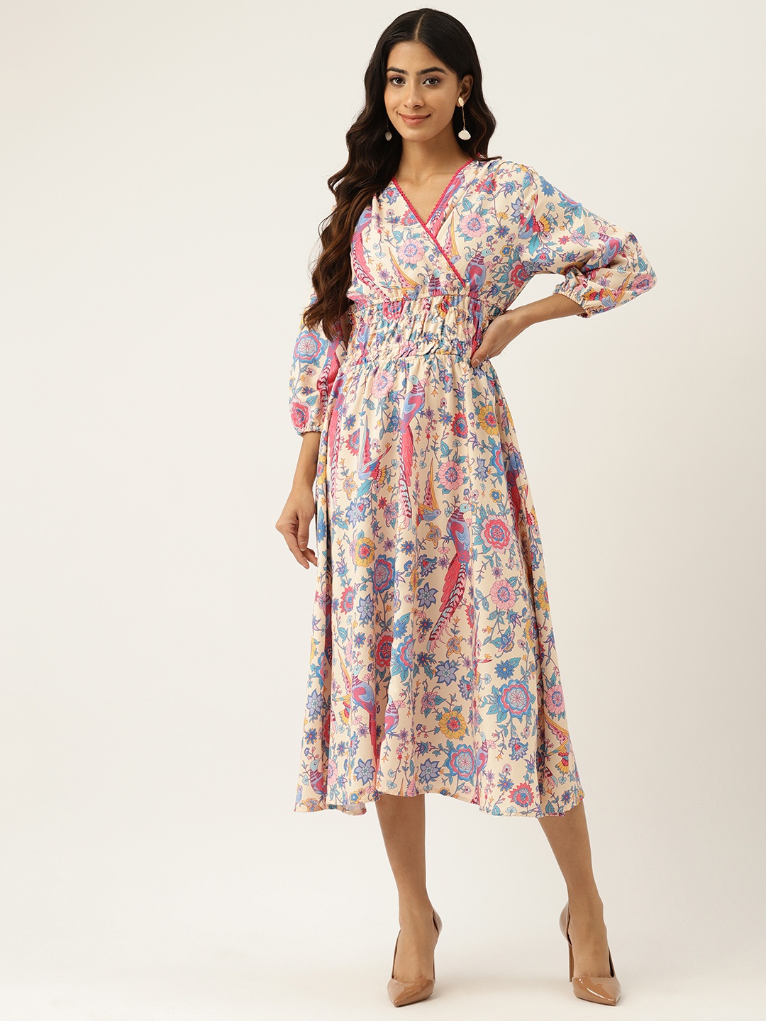 

Off Label Cream-Coloured & Pink Ethnic Motifs Print Fit & Flare Dress