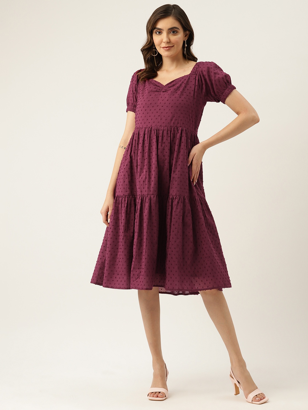 

Off Label Purple Puff Sleeve Fit & Flare Dress, Burgundy