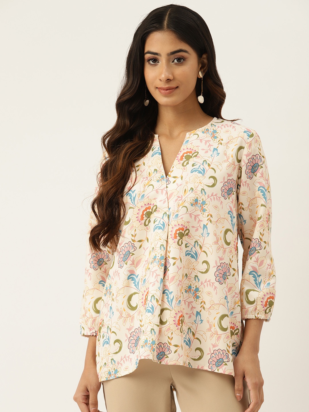 

Off Label Floral Print Puff Sleeves Longline Top, Beige
