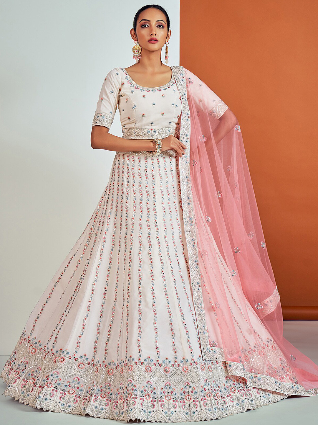 

ODETTE Embellished Mirror Work Semi-Stitched Lehenga & Blouse With Dupatta, White