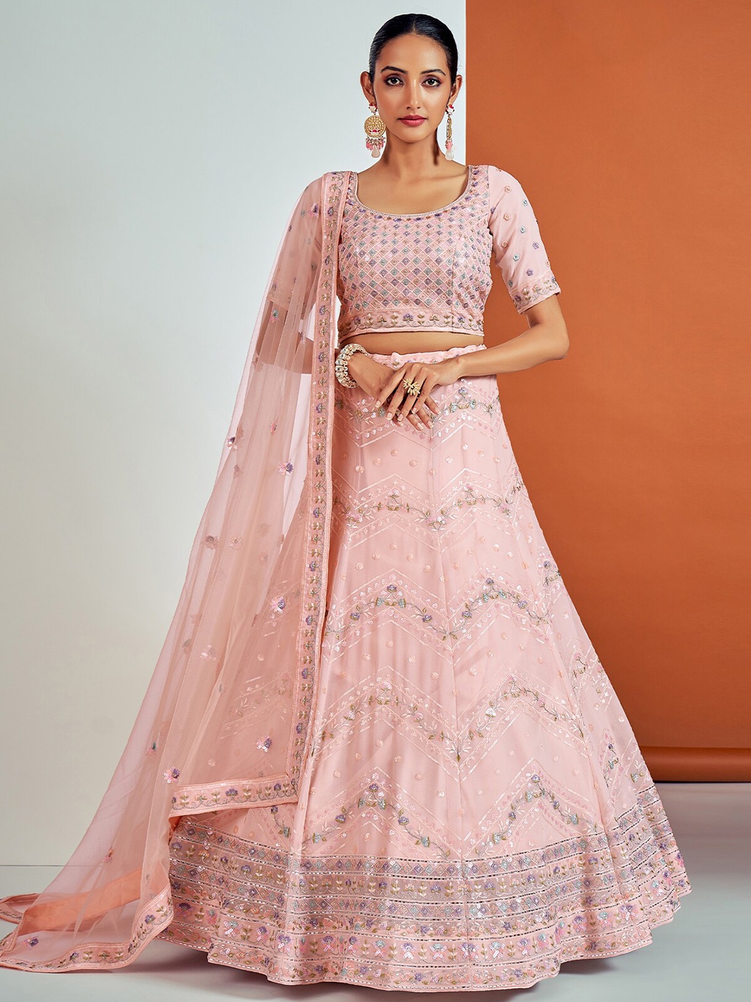 

ODETTE Sequinned Embellished Semi-Stitched Lehenga & Blouse With Dupatta, Pink