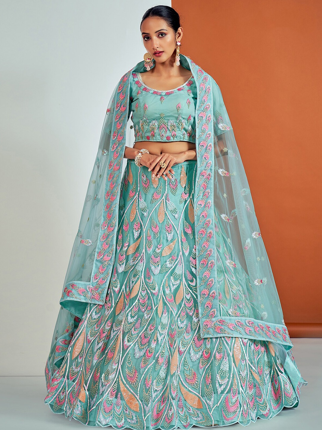 

ODETTE Floral Embroidered Thread Work Semi-Stitched Lehenga & Blouse With Dupatta, Blue