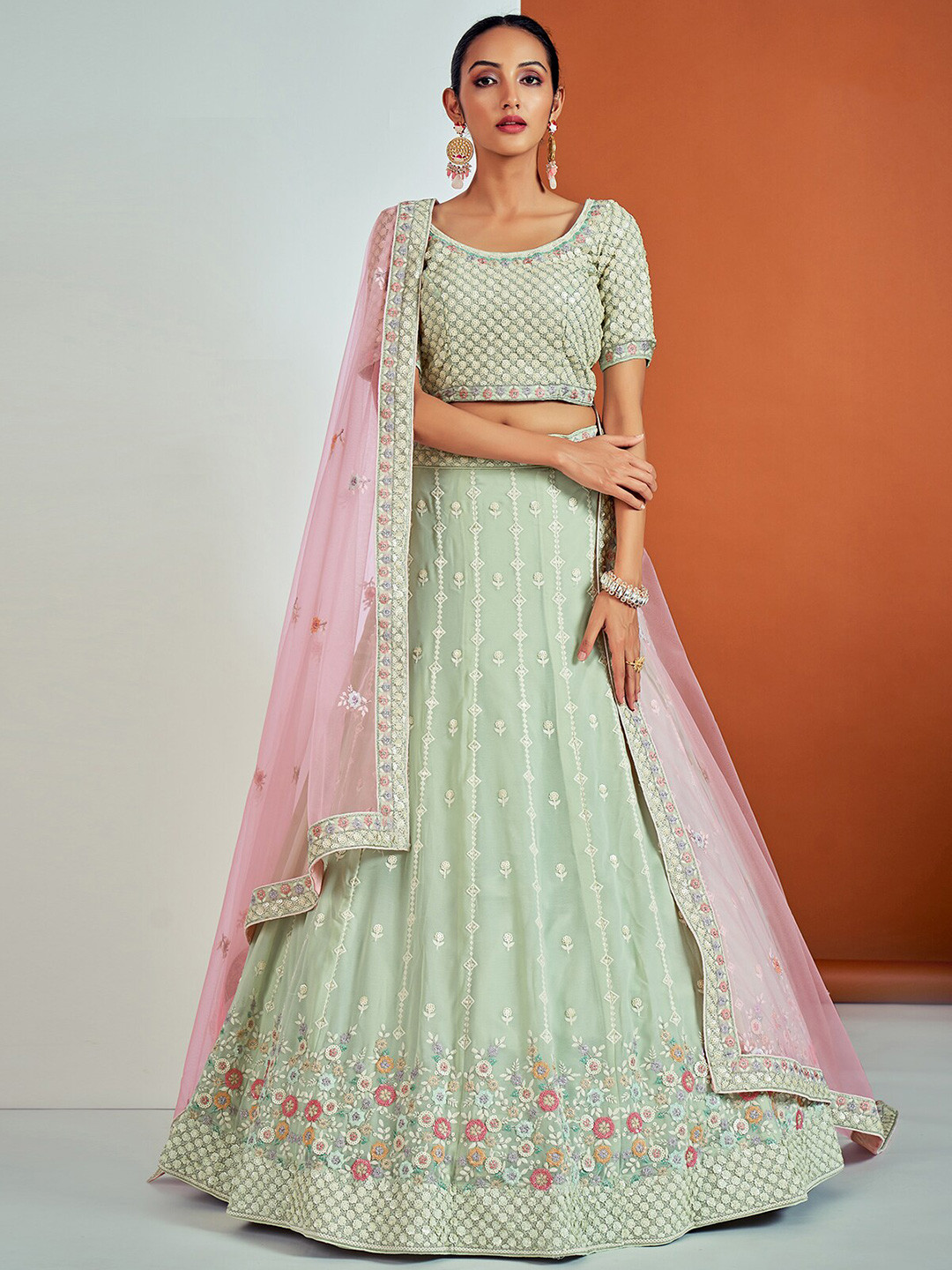 

ODETTE Embroidered Sequinned Semi-Stitched Lehenga & Blouse With Dupatta, Green