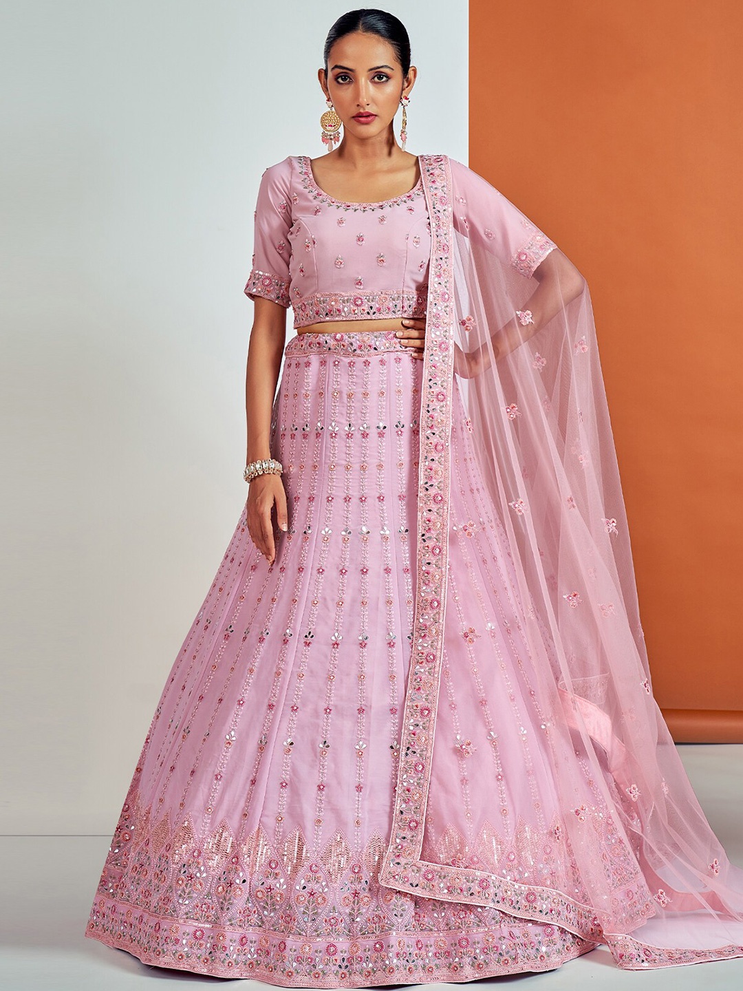 ODETTE Embroidered Beads and Stones Semi-Stitched Lehenga & Blouse With Dupatta, Pink