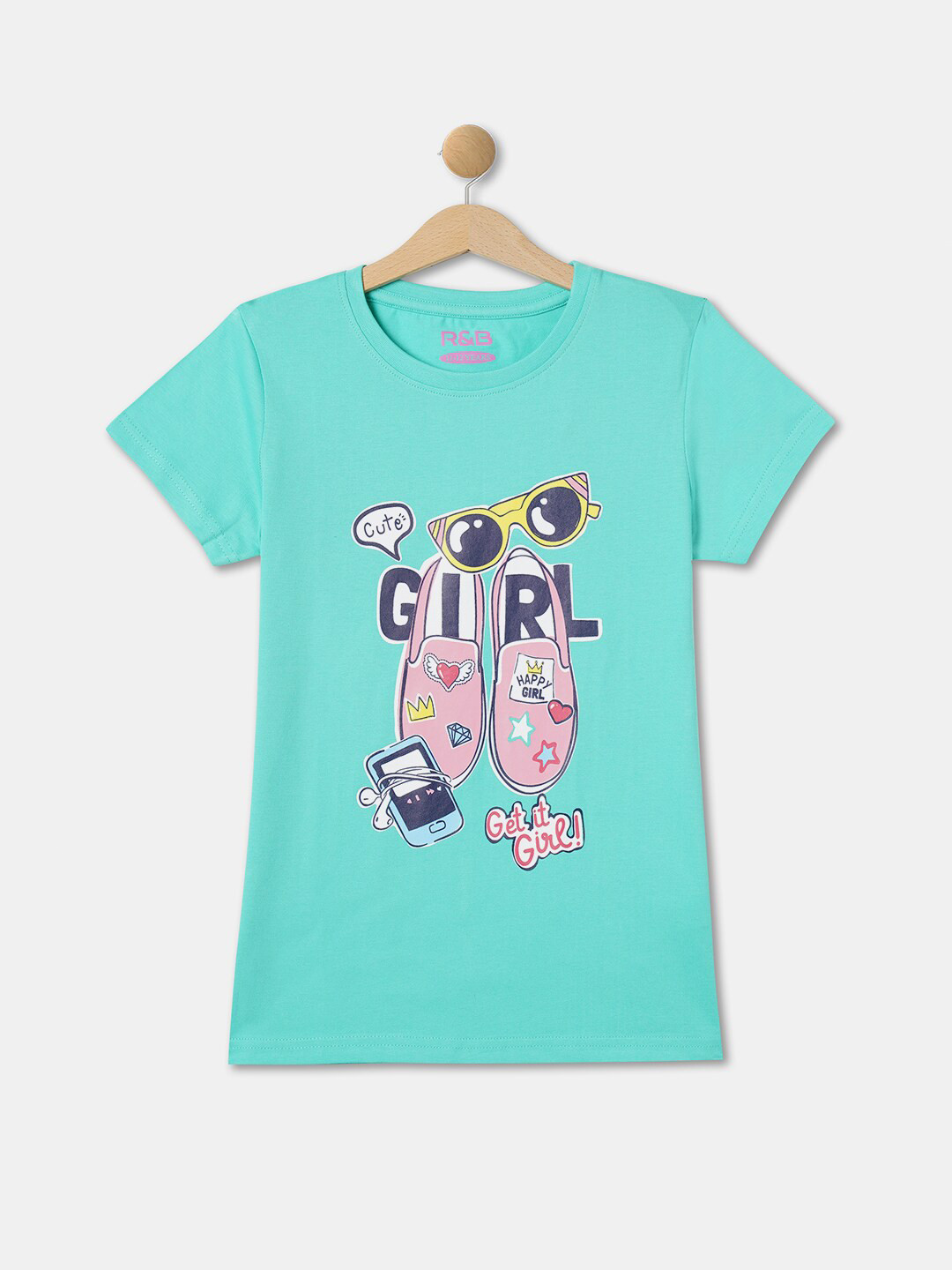 

R&B Girls Graphic Printed Cotton T-shirt, Green