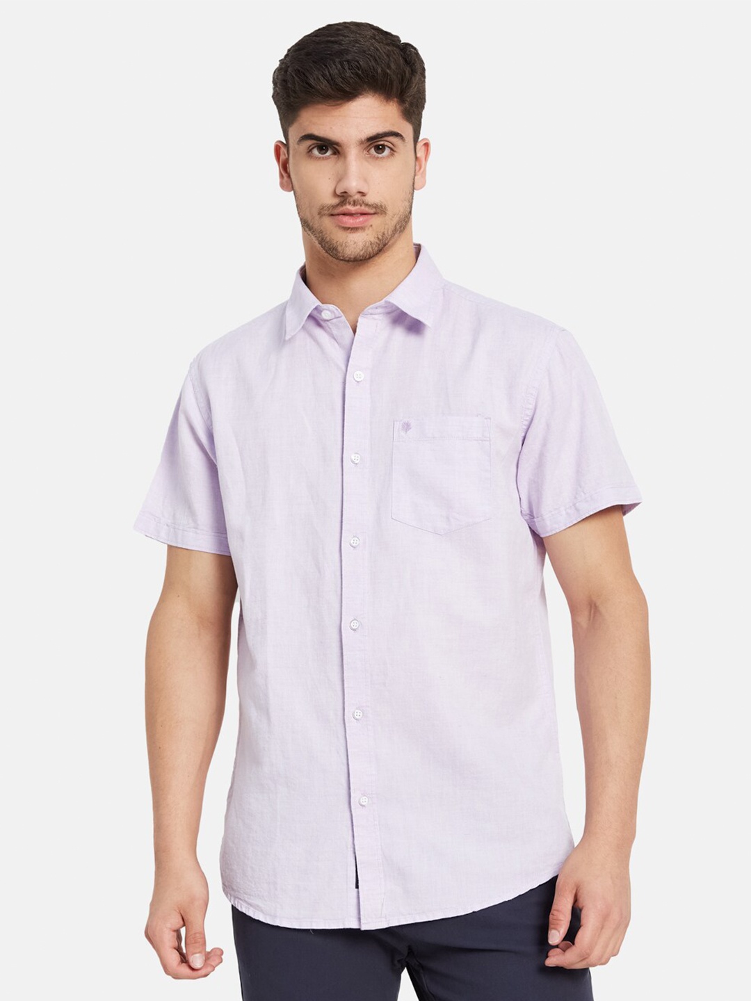 

METTLE Spread Collar Short Sleeves Cotton Casual Shirt, Purple