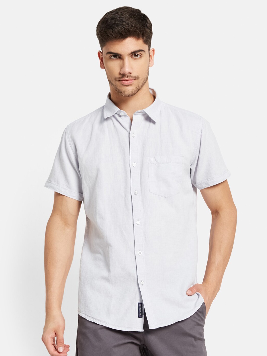 METTLE Spread Collar Short Sleeves Cotton Casual Shirt, Grey