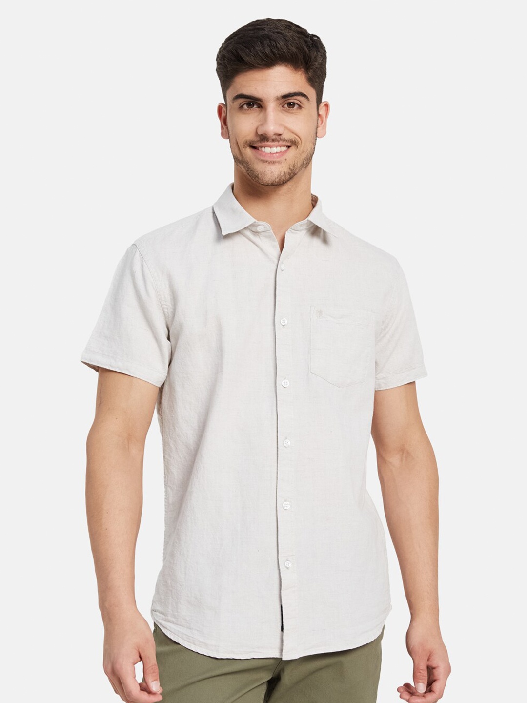 

METTLE Spread Collar Short Sleeves Cotton Casual Shirt, Cream