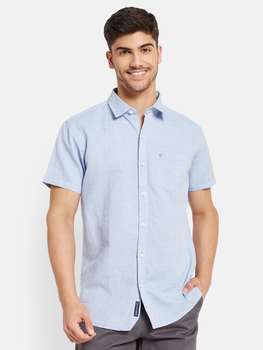 

METTLE Spread Collar Short Sleeves Cotton Casual Shirt, Blue