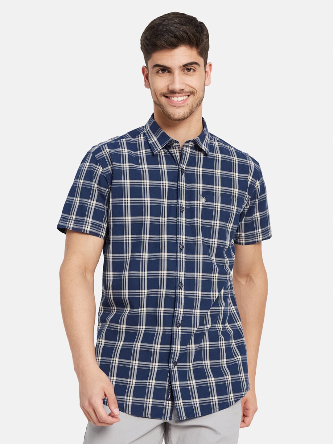 

METTLE Checked Short Sleeves Cotton Casual Shirt, Navy blue