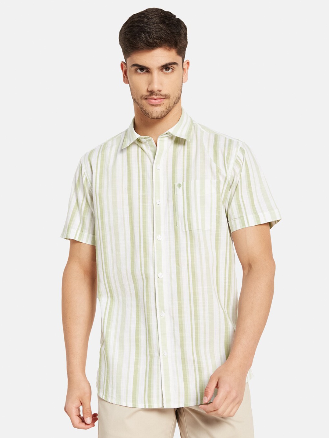

METTLE Vertical Striped Cotton Casual Shirt, Olive
