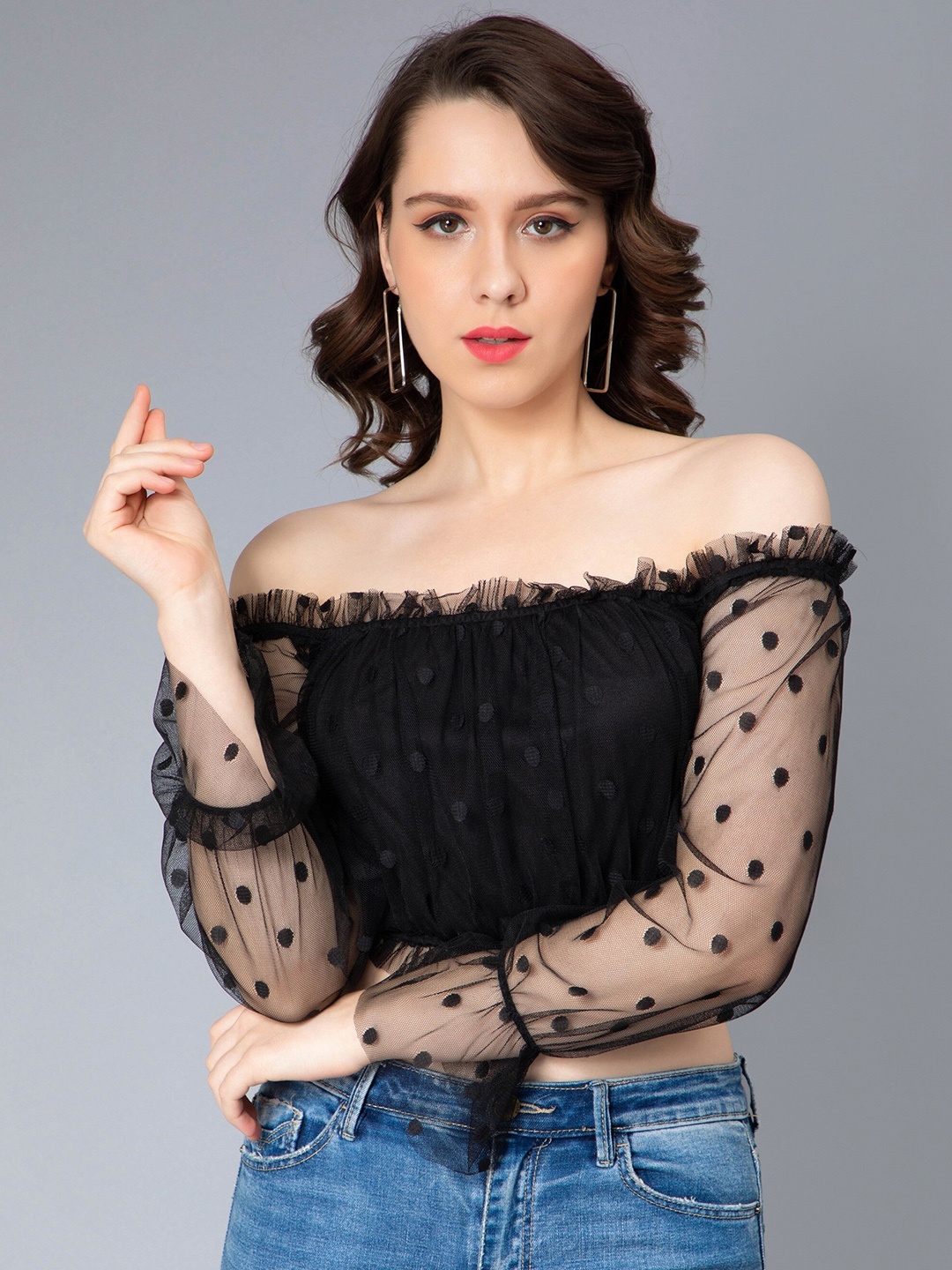 

NUEVOSDAMAS Self Design Off-Shoulder Georgette Bardot Crop Top, Black