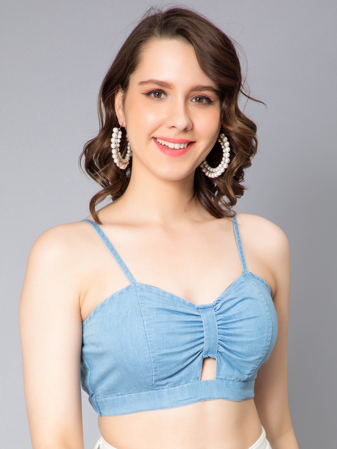 

NUEVOSDAMAS Shoulder Strap Cut-Out Denim Bralette Crop Top, Blue