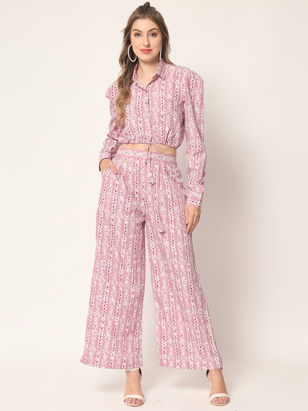 

KALINI Printed Long Sleeves Crop Shirt & Trouser, Pink