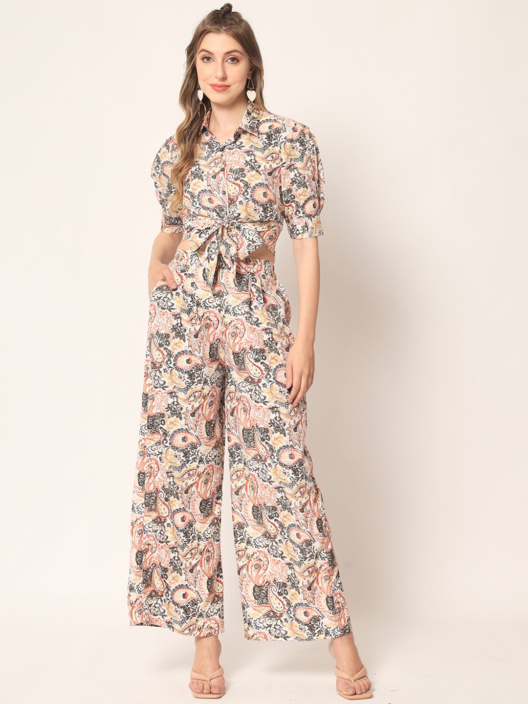 

KALINI Printed Shirt Collar Crop Top & Trouser Co-Ords, Beige