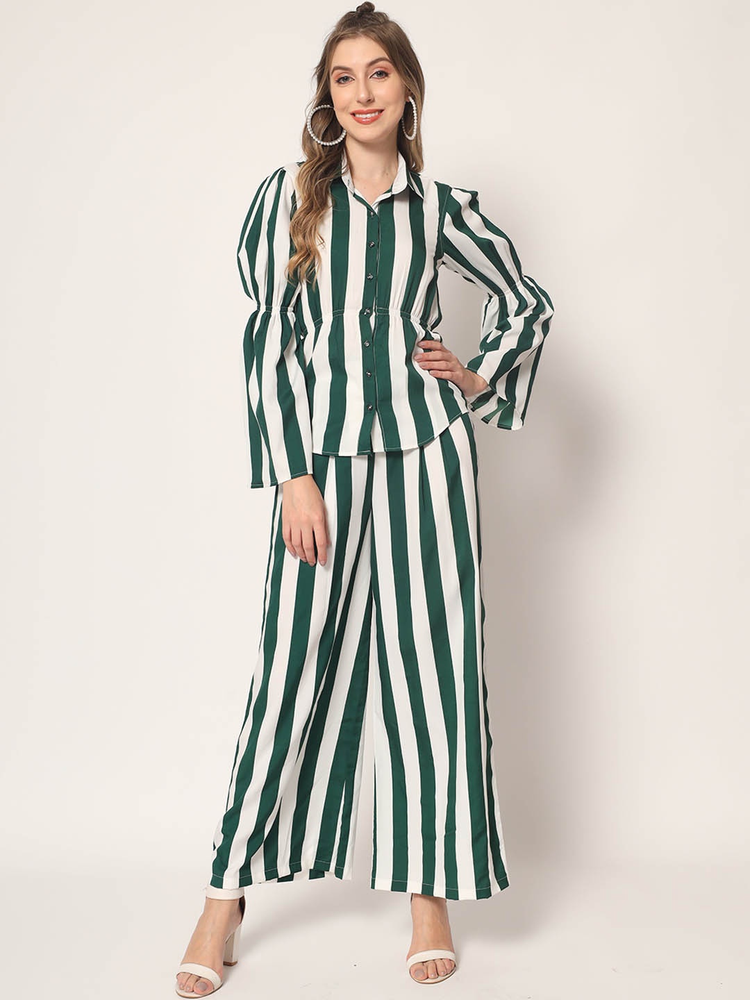 

KALINI Shirt Collar Striped Crepe Co-Ords, Green
