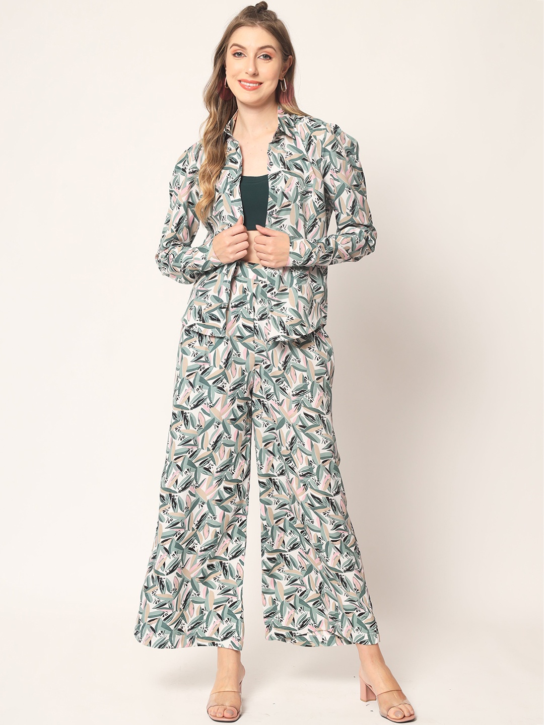 

KALINI Printed Top with Palazzos & Shirt, Sea green