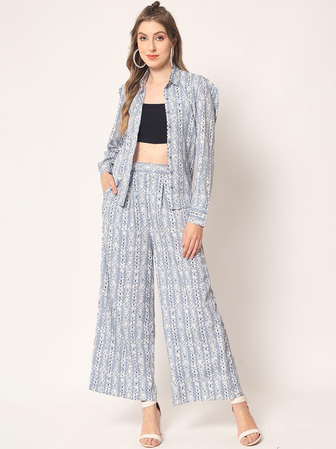 

KALINI Printed Long Sleeves Shirt & Trouser, Blue