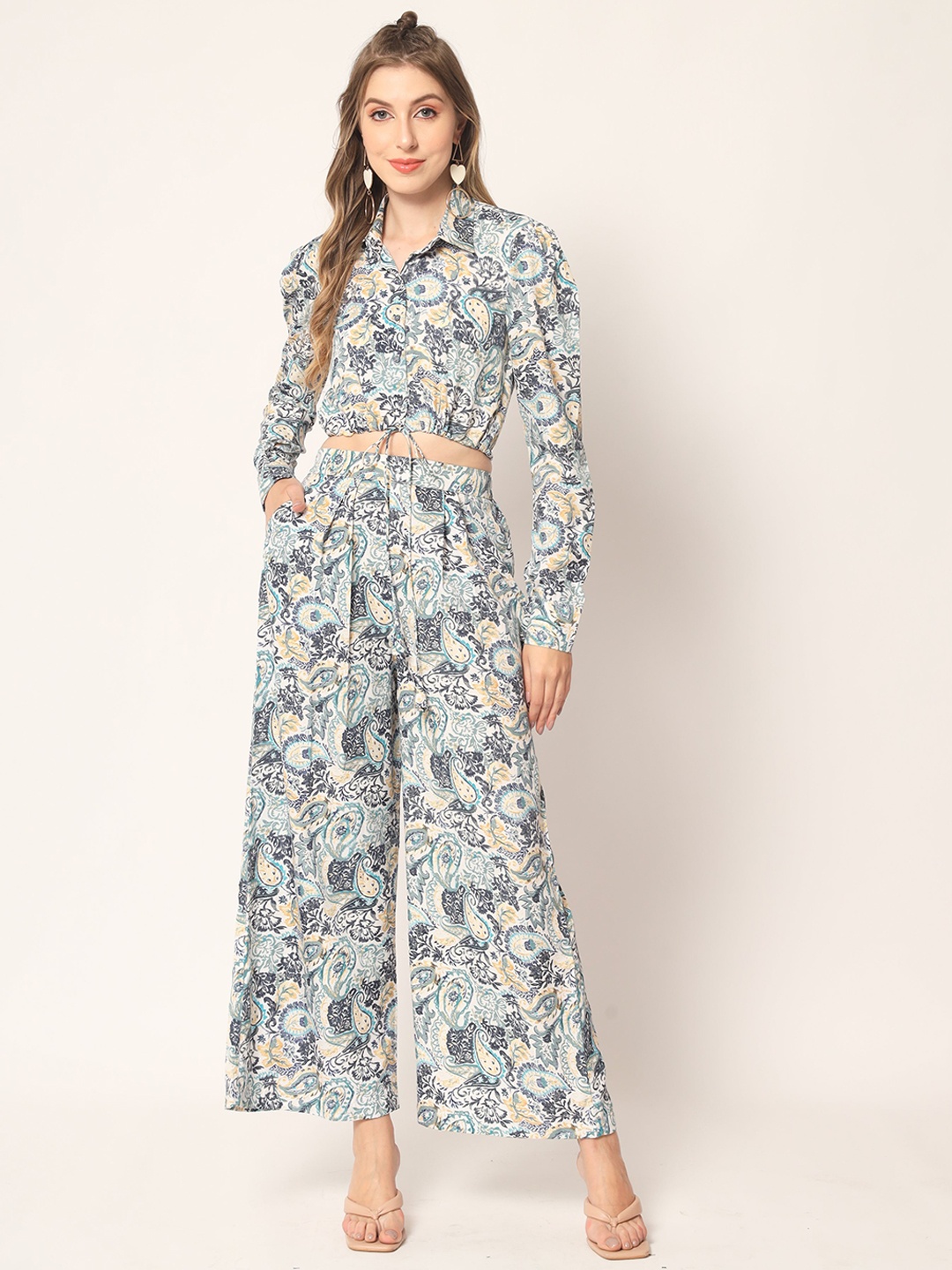 

KALINI Women Printed Crop Top With Trouser Co-Ords, Blue