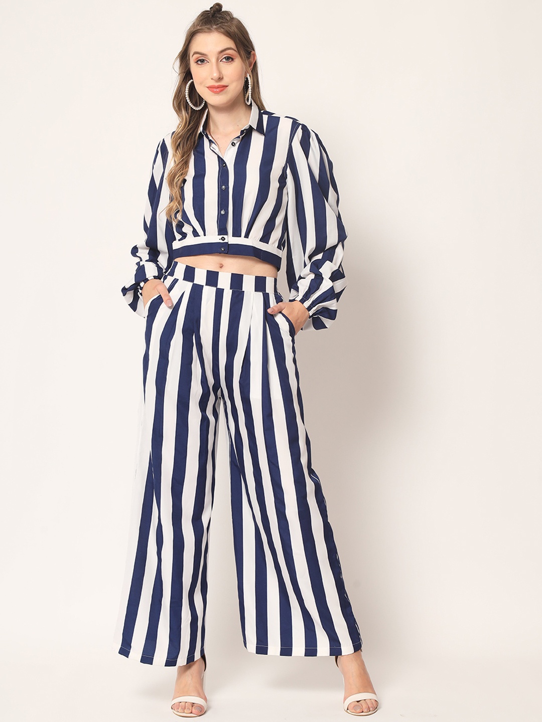 

KALINI Striped Puff Sleeves Crop Top With Trousers, Blue