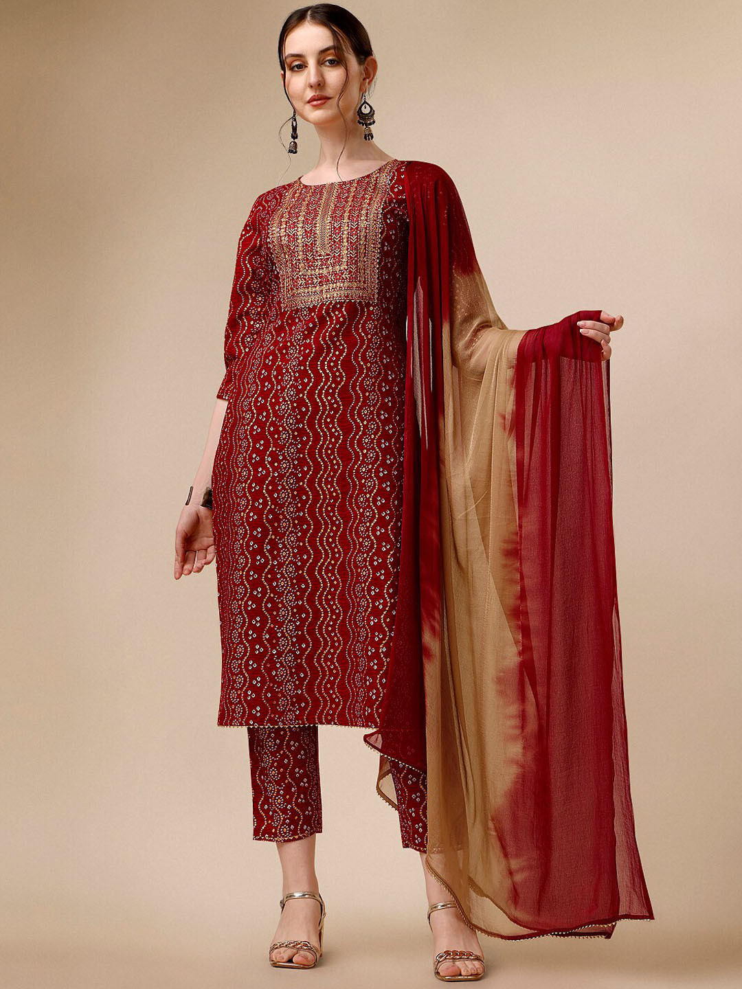 

Berrylicious Bandhani Printed Thread Work Pure Cotton Kurta with Trousers & Dupatta, Maroon