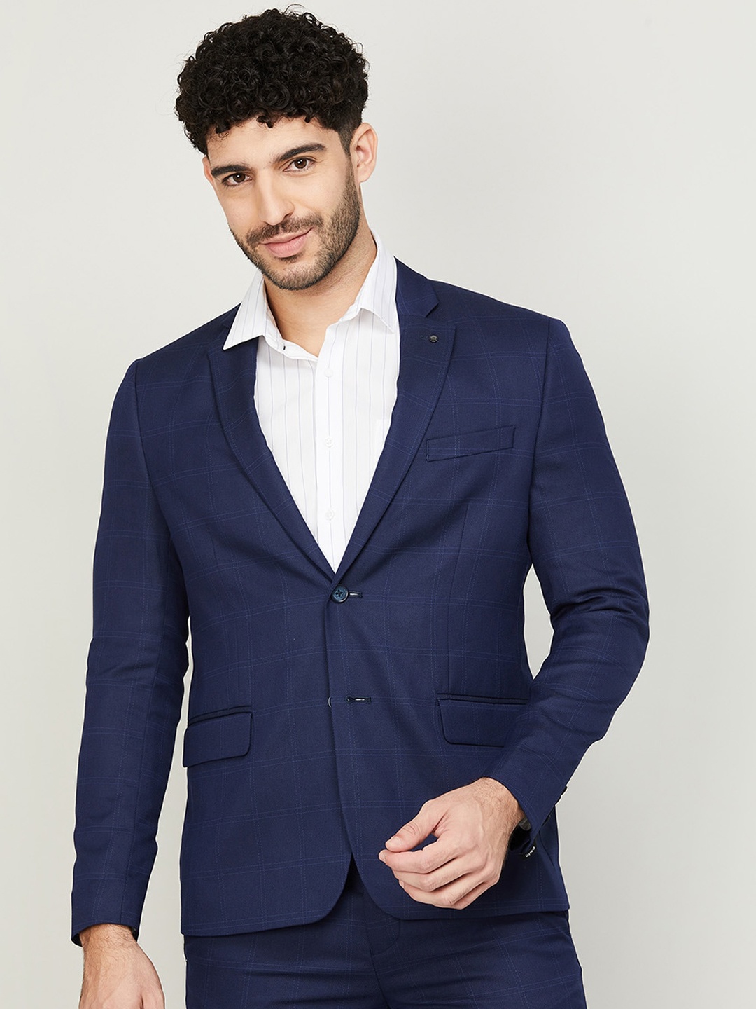 CODE by Lifestyle Checked Single-Breasted Slim-Fit Formal Blazer, Blue