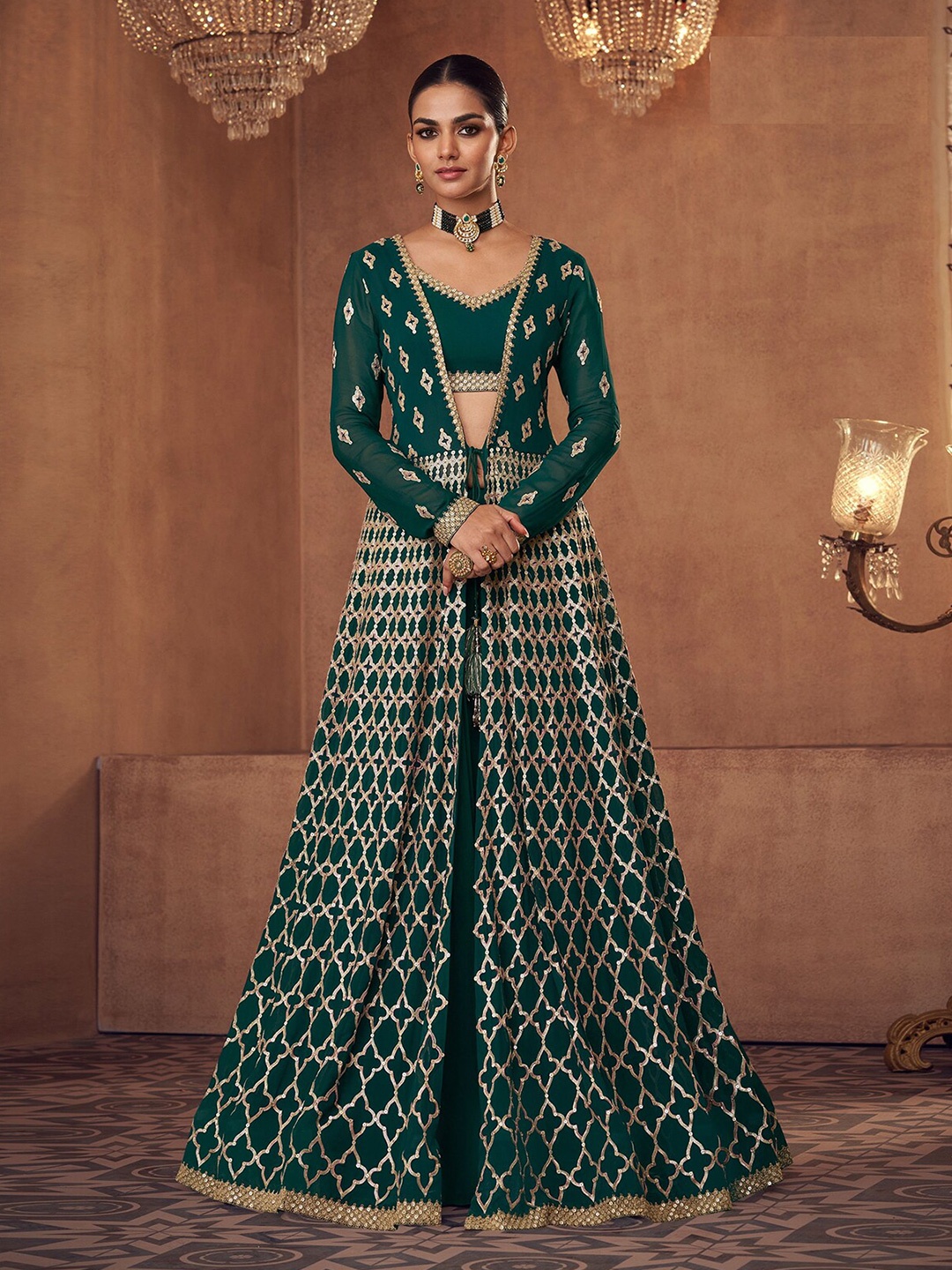 

ODETTE Embroidered Thread Work Unstitched Lehenga & Blouse With Jacket, Green