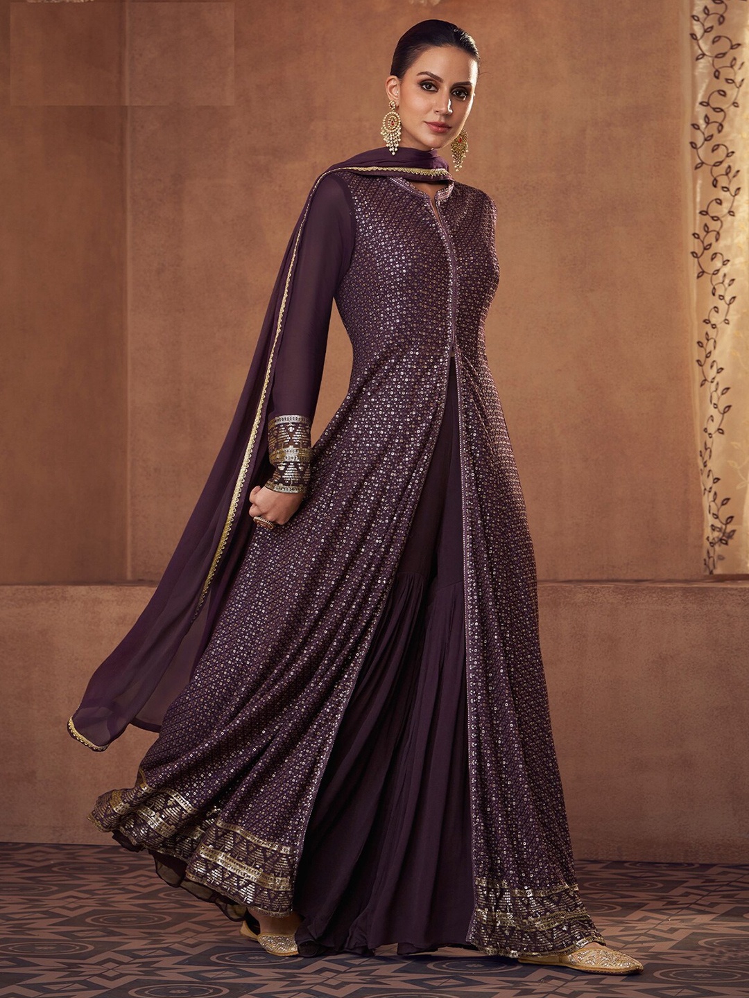 

ODETTE Purple Embroidered Sequinned Unstitched Lehenga & Blouse With Jacket